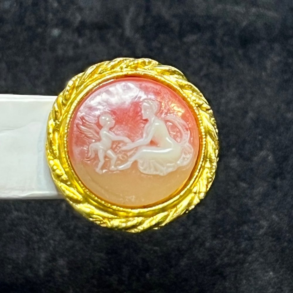 Gold Tone Carved Shell Woman With Fairy Cameo Button Clip On Earrings (3534) - Picture 3 of 7